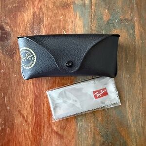 NEW Ray-Ban Black Leather Sunglasses Case with Logo Microfiber Cloth
